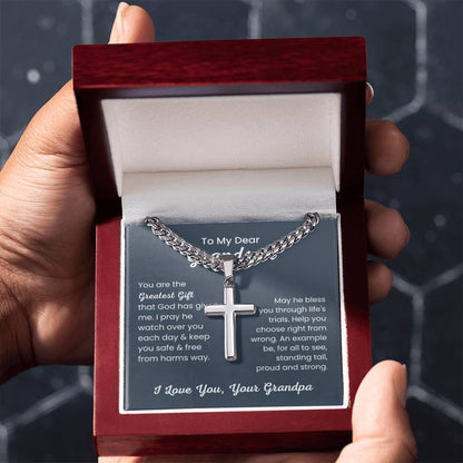 To Dear My Grandson - You are the greatest gift - Gift for Grandson from Grandpa - Artisan Cross with Cuban Link Chain - Personalize Memories
