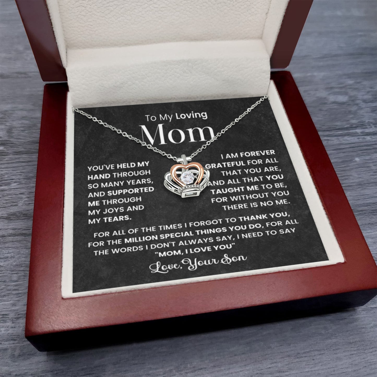 To My Loving Mom Gift from Son - I am forever grateful - Crown Pendant Necklace - Personalize Memories