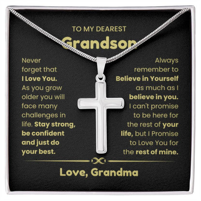 To My Grandson - Grandson Gift from Grandmother - As you grow older you will face many challenges in life - Artisan Cross Necklace - Personalize Memories
