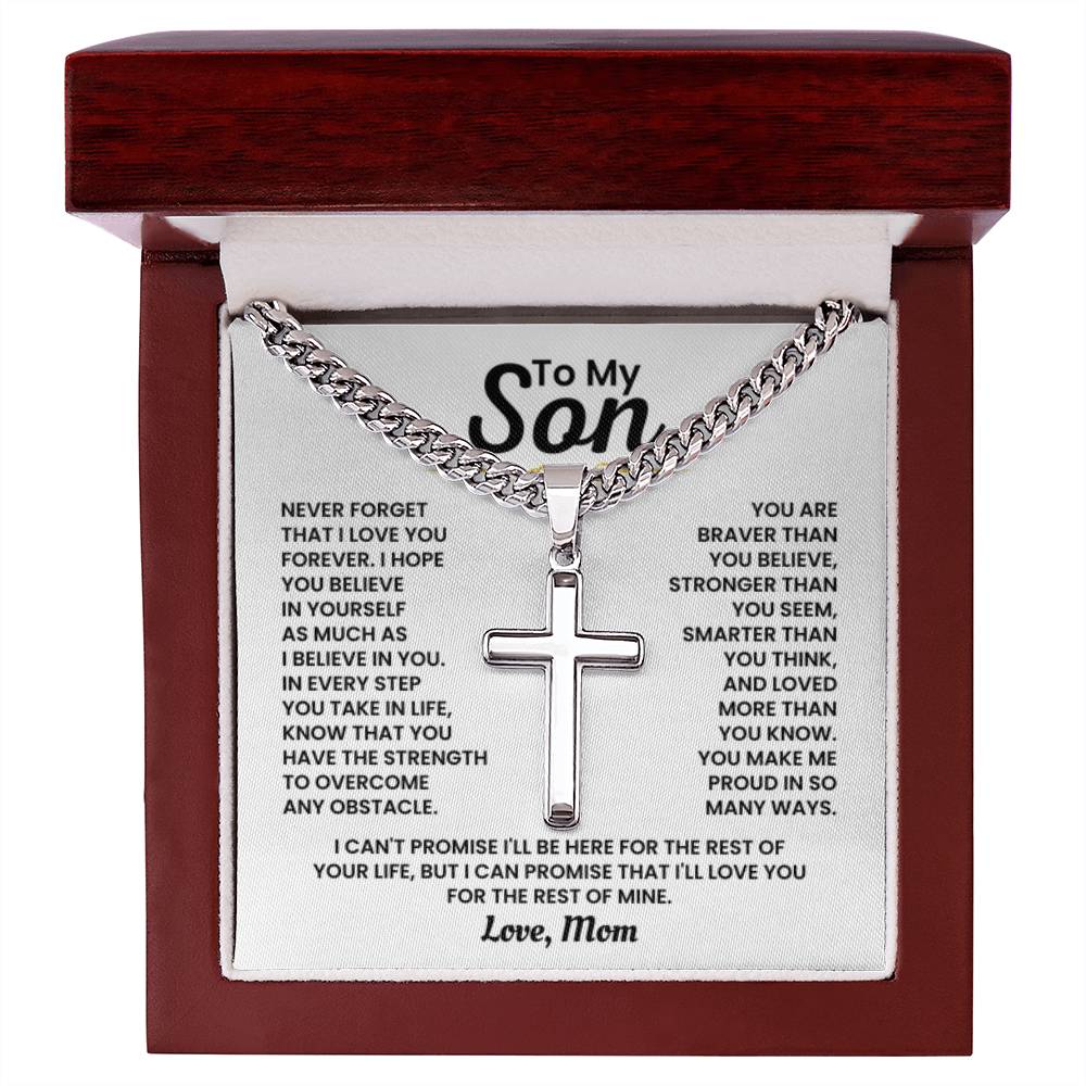 To My Son - Never forget I love you forever - Gift for Son from Mom - Artisan Cross with Cuban Link Chain - Personalize Memories