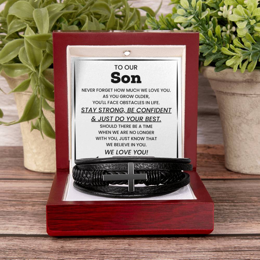 To our Son – College Graduation, Birthday – Men's Cross Bracelet - Personalize Memories
