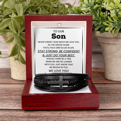 To our Son – College Graduation, Birthday – Men's Cross Bracelet - Personalize Memories