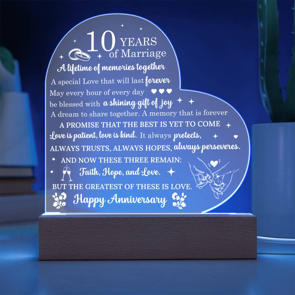 Ten Year Anniversary Gift - Romantic Gift for Couples - 10 Years Of Marriage Acrylic Heart Plaque