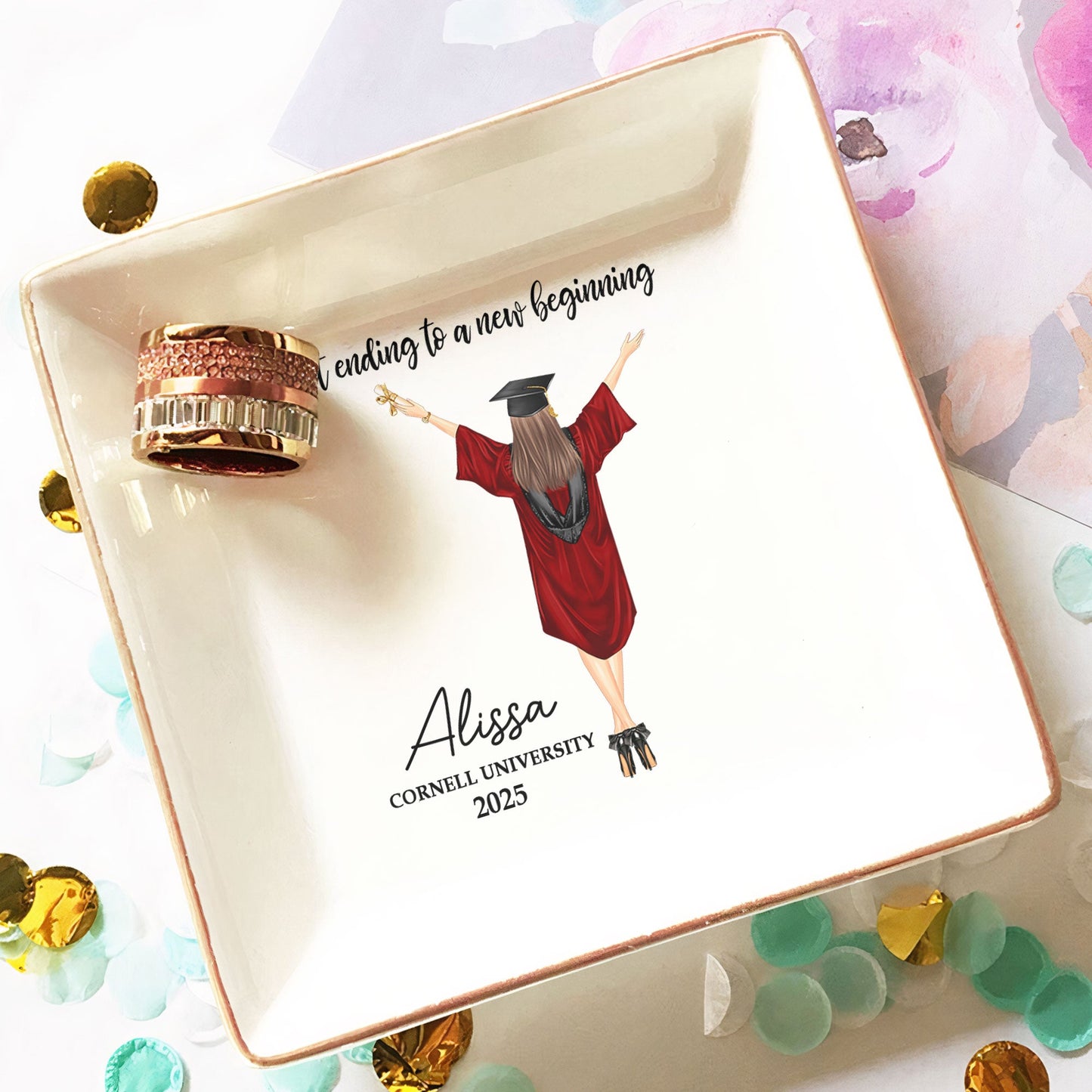 A Sweet Ending To A New Beginning - Personalized Jewelry Dish | Graduation Gift for Her - Personalize Memories