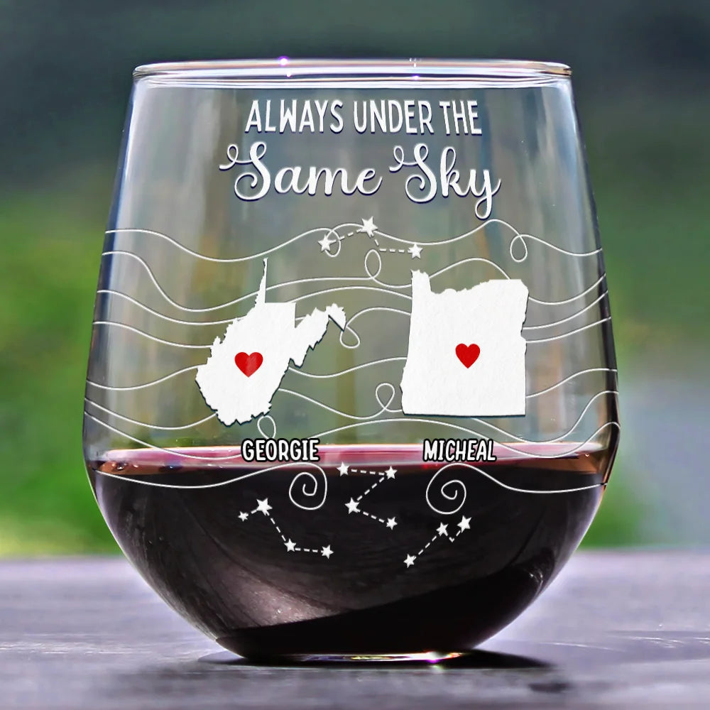 Never Too Far To Drink Together - Personalized Stemless Wine Glass | Long Distance Family & Bestie Gift - Personalize Memories