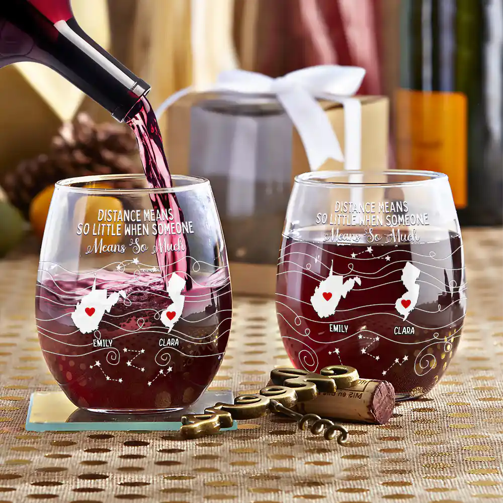 Never Too Far To Drink Together - Personalized Stemless Wine Glass | Long Distance Family & Bestie Gift - Personalize Memories