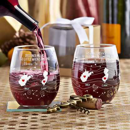 Never Too Far To Drink Together - Personalized Stemless Wine Glass | Long Distance Family & Bestie Gift - Personalize Memories