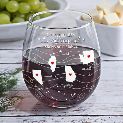 Never Too Far To Drink Together - Personalized Stemless Wine Glass | Long Distance Family & Bestie Gift - Personalize Memories