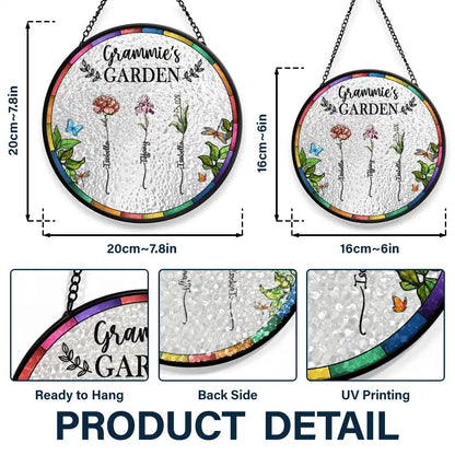 Birth Flower Grandma's Garden stained glass suncatcher product details, featuring floral design and size options.