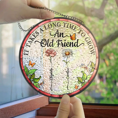 Grow An Old Friend - Birth Flower Personalized Stained Glass Suncatcher | Gift for Best Friends - Personalize Memories