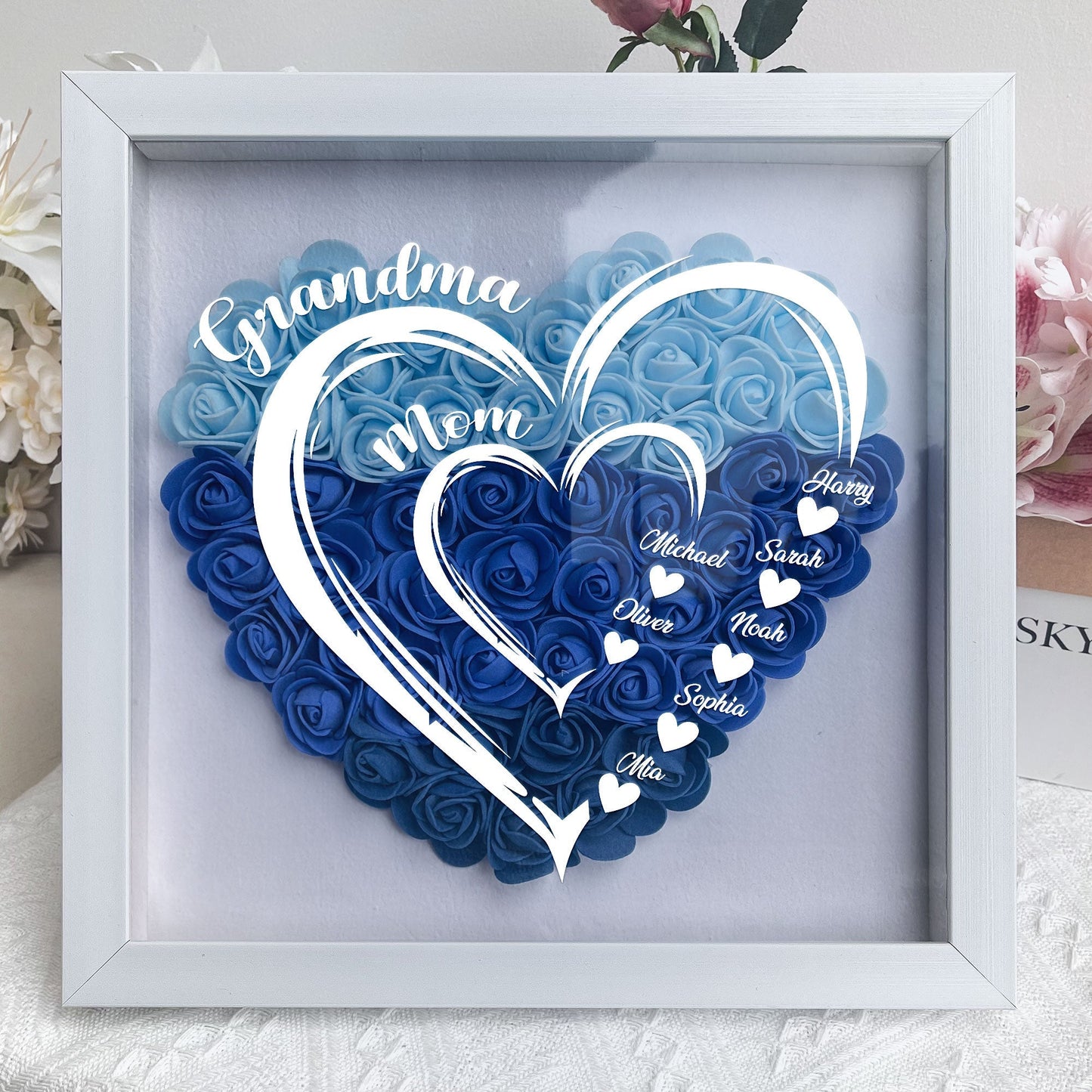 Grandma Hearts Mommy Hearts - Personalized Flower Shadow Box | Gift for Mom & Grandma - Personalize Memories