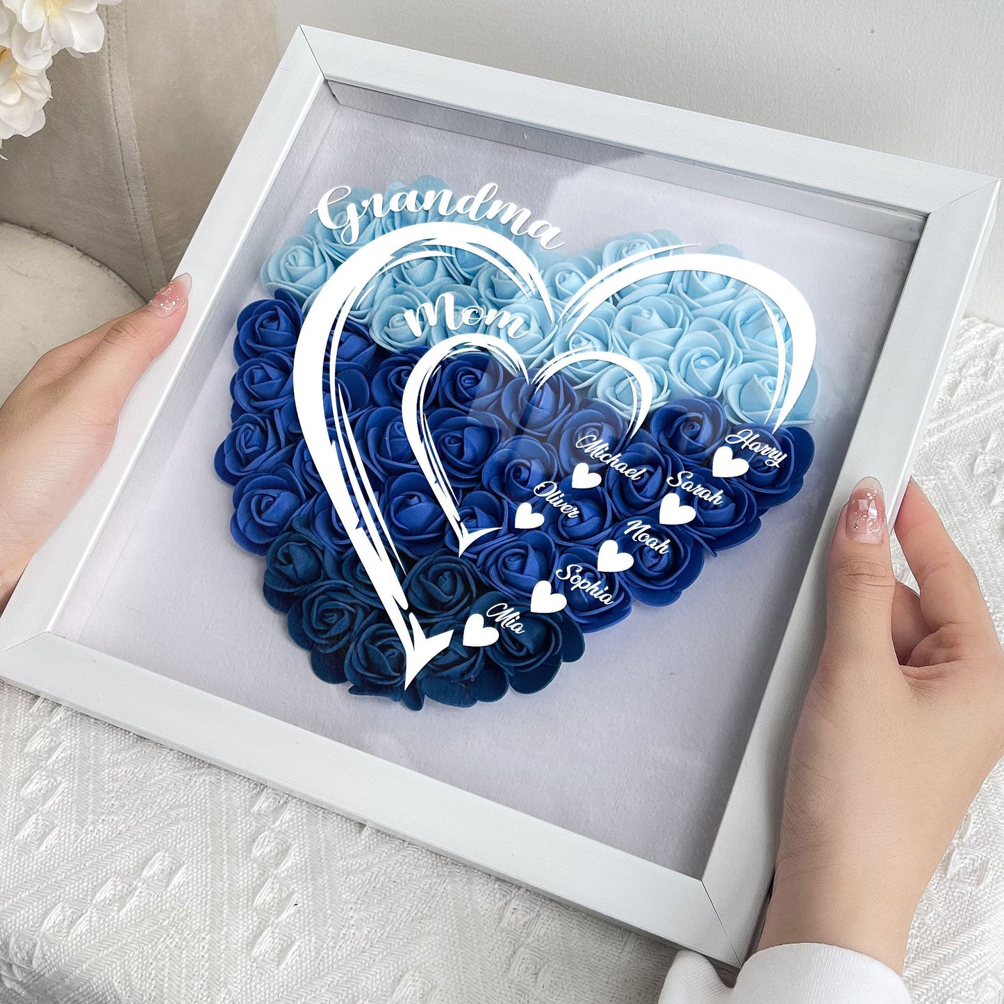 Grandma Hearts Mommy Hearts - Personalized Flower Shadow Box | Gift for Mom & Grandma - Personalize Memories