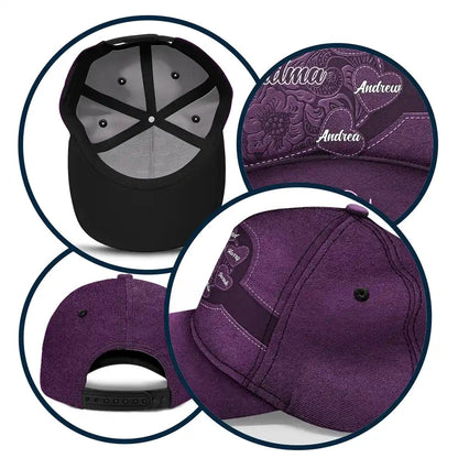 Purple Grandma's Little Sweethearts Classic Cap, detailed views: crown, brim, and snap closure.