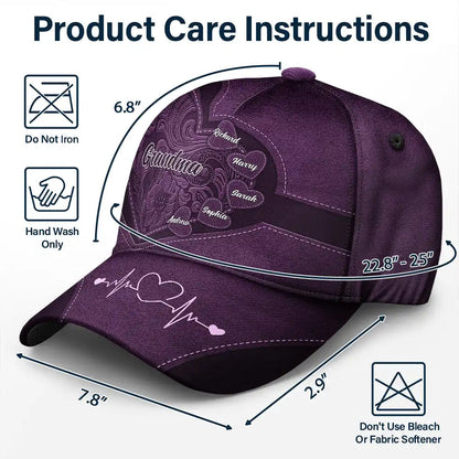Purple Grandma's Little Sweethearts Cap, care instructions, polyester-cotton, adjustable.