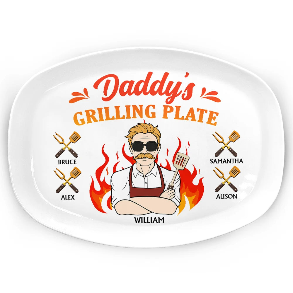 Daddy Grilling Plate Fire Cartoon - Personalized Plate | Funny Gift for Dad - Personalize Memories