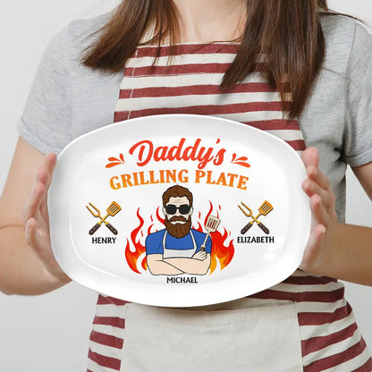 Daddy Grilling Plate Fire Cartoon - Personalized Plate | Funny Gift for Dad - Personalize Memories