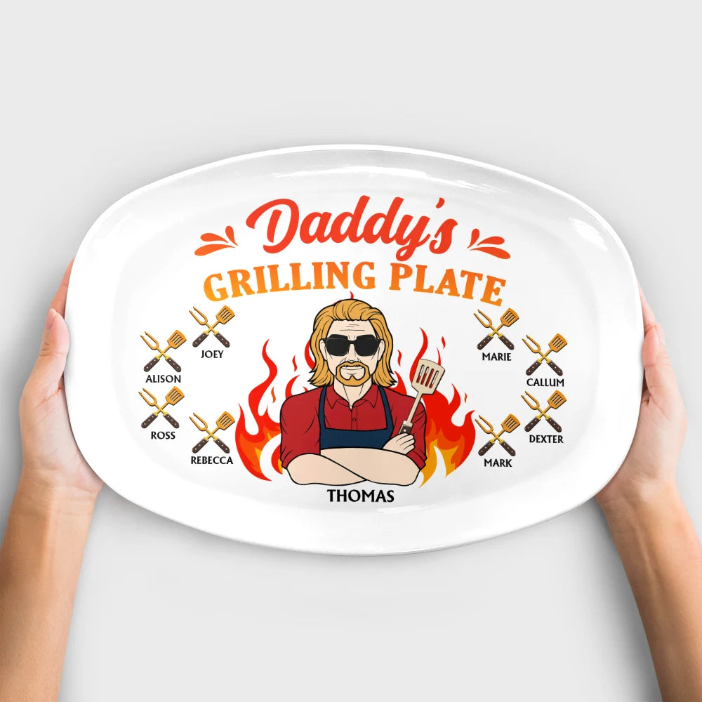 Daddy Grilling Plate Fire Cartoon - Personalized Plate | Funny Gift for Dad - Personalize Memories