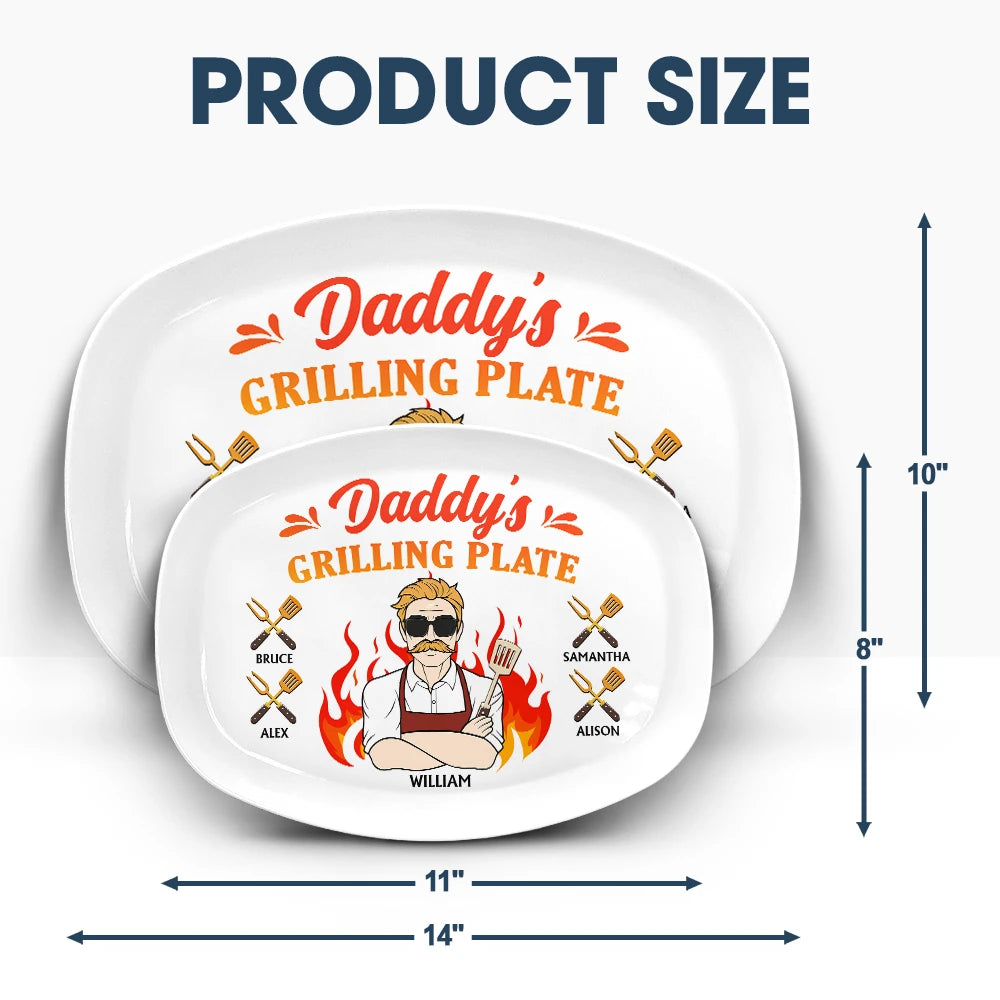 Daddy Grilling Plate Fire Cartoon - Personalized Plate | Funny Gift for Dad - Personalize Memories