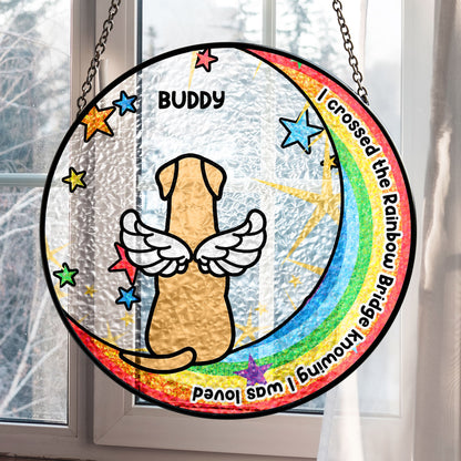 I Crossed The Rainbow Bridge - Personalized Stained Glass Window Hanging Suncatcher - Dog Lover Gift for Memorial - Personalize Memories