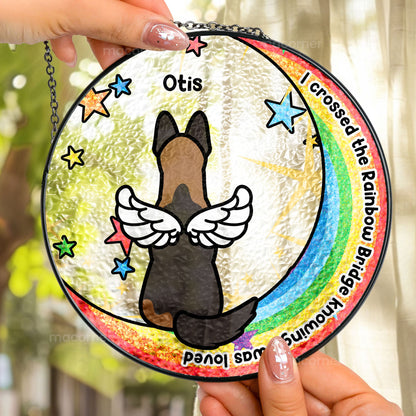 I Crossed The Rainbow Bridge - Personalized Stained Glass Window Hanging Suncatcher - Dog Lover Gift for Memorial - Personalize Memories