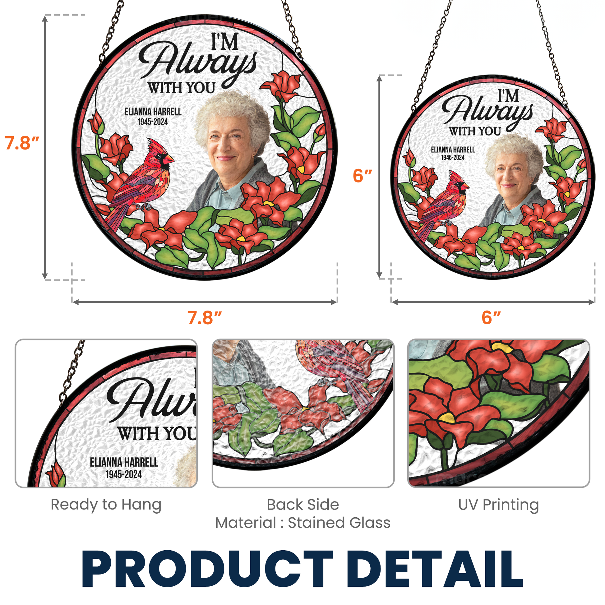 Personalized 'I'm Always With You' stained glass suncatcher with photo, floral design, and red bird details