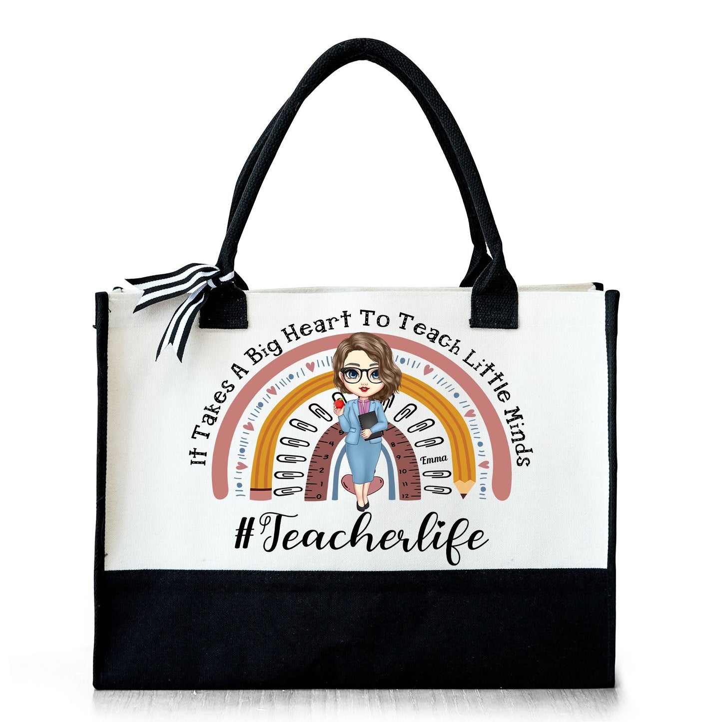 It Takes A Big Heart To Shape Little Minds - Gift for Teacher - Personalized Canvas Tote Bag - Personalize Memories