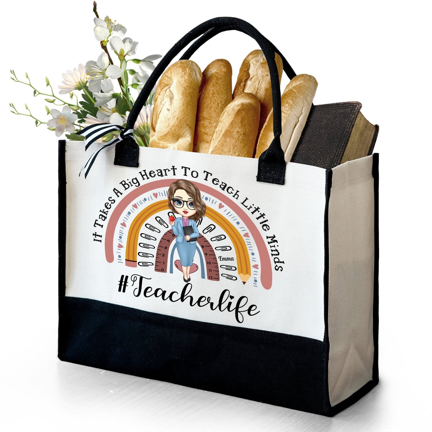 It Takes A Big Heart To Shape Little Minds - Gift for Teacher - Personalized Canvas Tote Bag - Personalize Memories