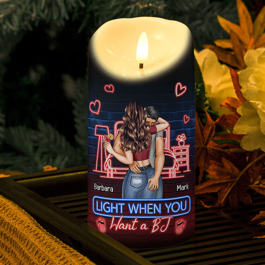 Personalized LED candle with "Light when you want a BJ" message, romantic gift.