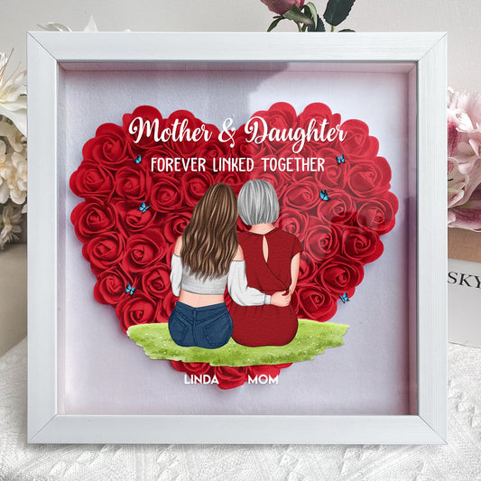 Personalized Mother & Daughter Shadow Box - Heart-shaped red flowers, white frame, a lasting gift