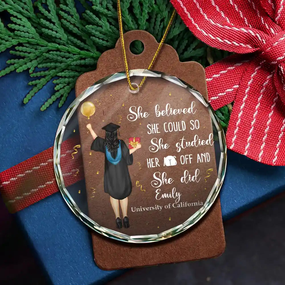 She Believed She Could - Personalized Graduation Circle Glass Ornament | Gift for Graduates - Personalize Memories