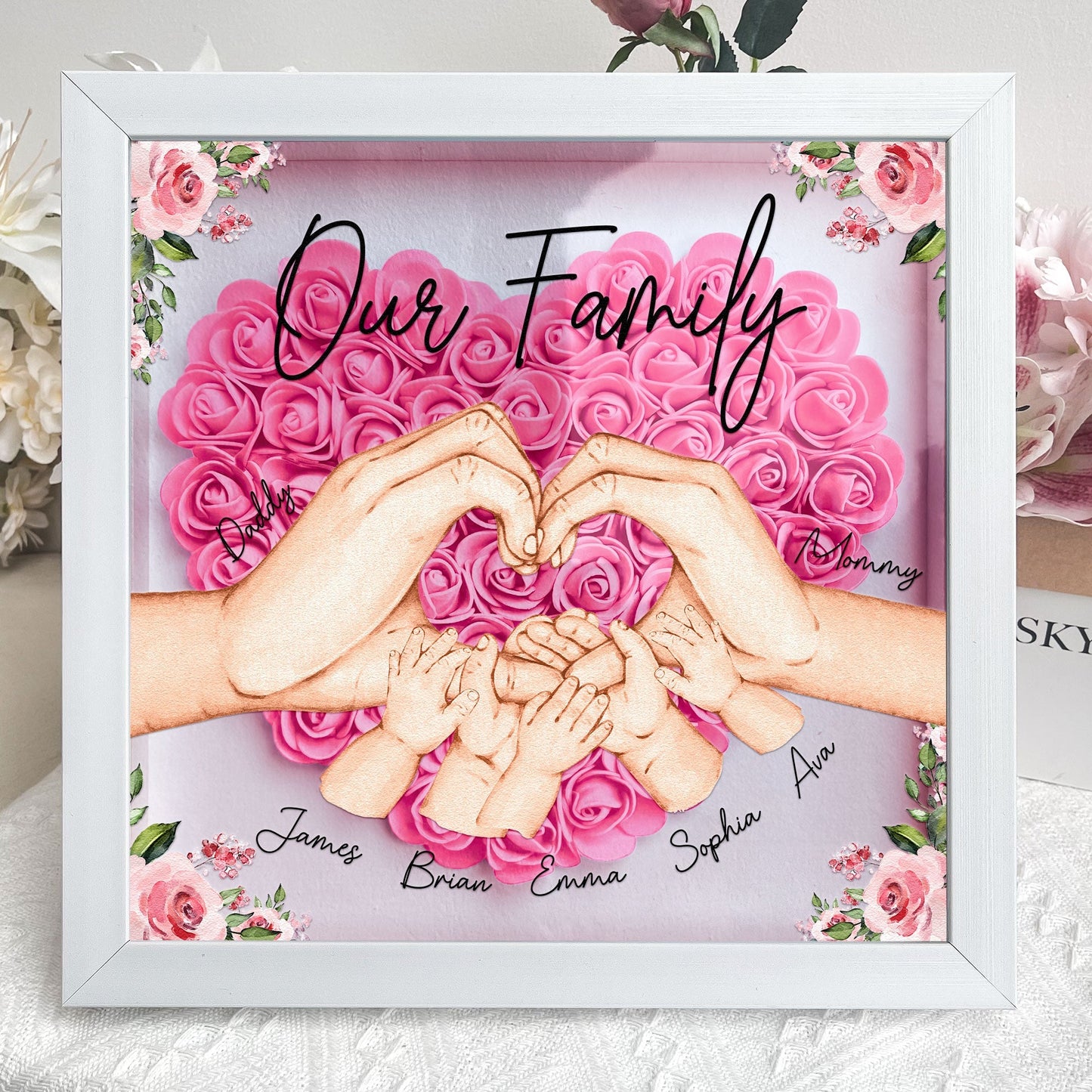 Our Family Hands - Personalized Flower Shadow Box | Custom Family Name Gift - Personalize Memories