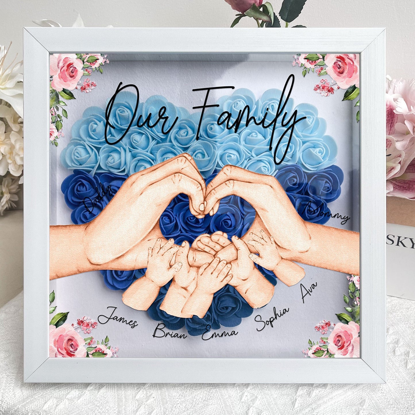 Our Family Hands - Personalized Flower Shadow Box | Custom Family Name Gift - Personalize Memories