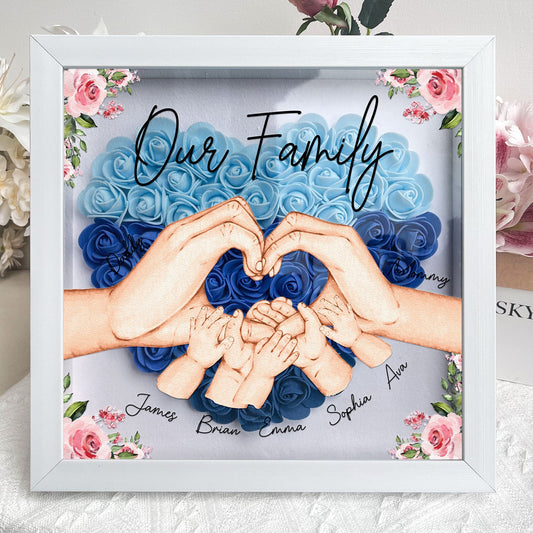 Our Family Hands - Personalized Flower Shadow Box | Custom Family Name Gift - Personalize Memories