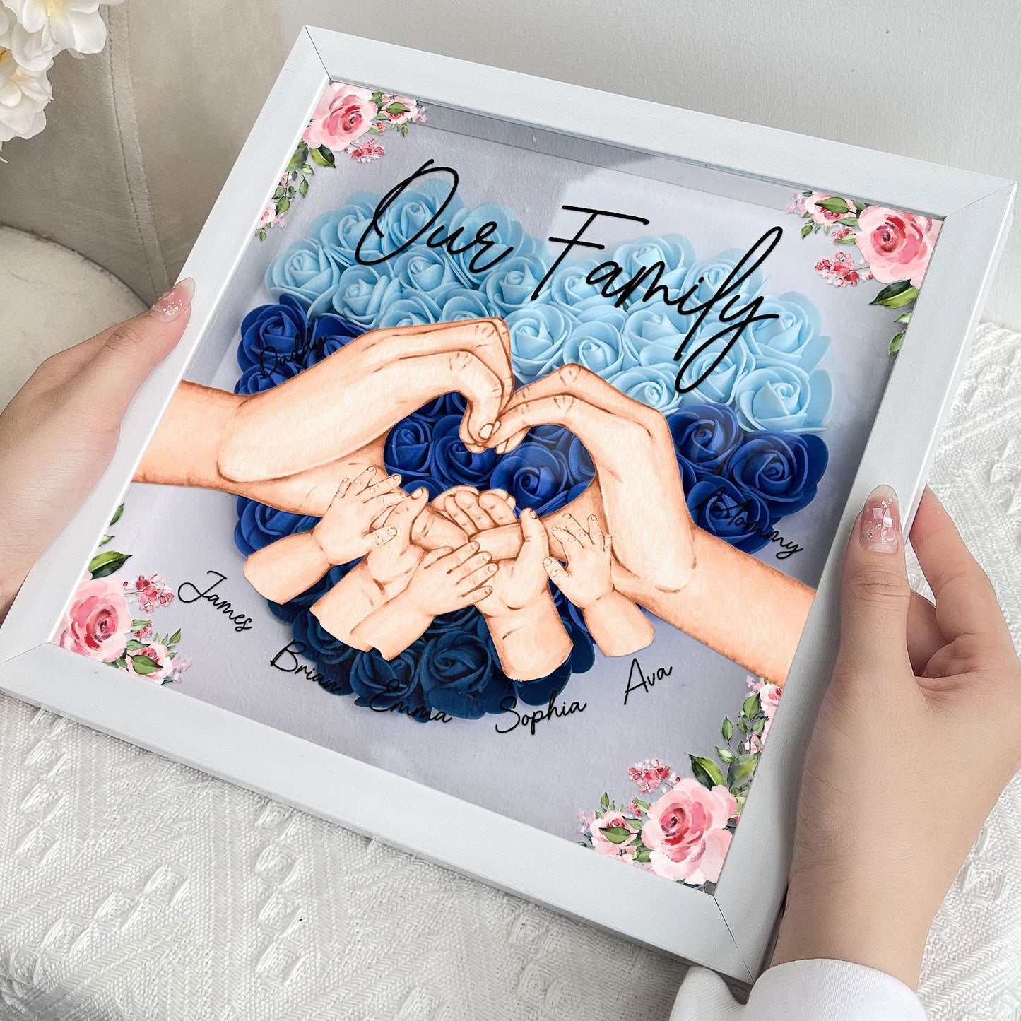 Our Family Hands - Personalized Flower Shadow Box | Custom Family Name Gift - Personalize Memories