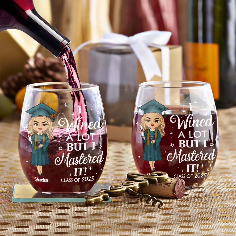 I Wined A Lot But I Mastered It - Personalized Stemless Wine Glass | Funny Graduation Gift - Personalize Memories