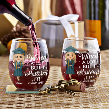 I Wined A Lot But I Mastered It - Personalized Stemless Wine Glass | Funny Graduation Gift - Personalize Memories