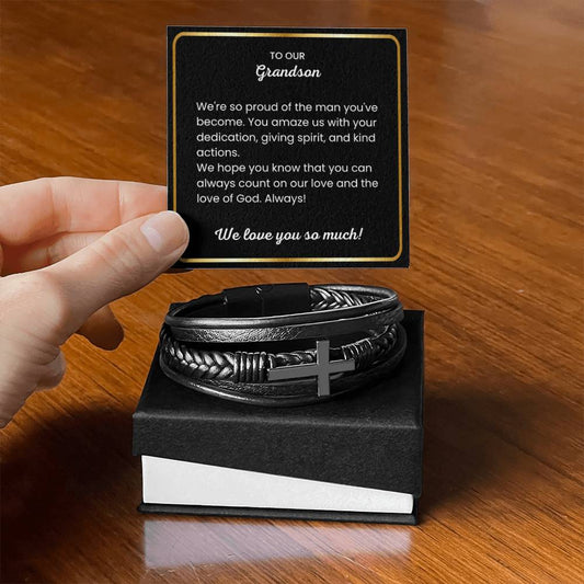 To Our Grandson – Holiday, Birthday, Graduation Gift – Men's Cross Bracelet - Personalize Memories