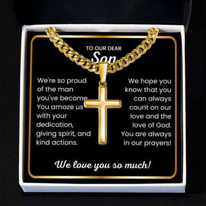 To Our Dear Son - We love you so much - Gift for Son from Mom and Dad - Artisan Cross with Cuban Link Chain - Personalize Memories
