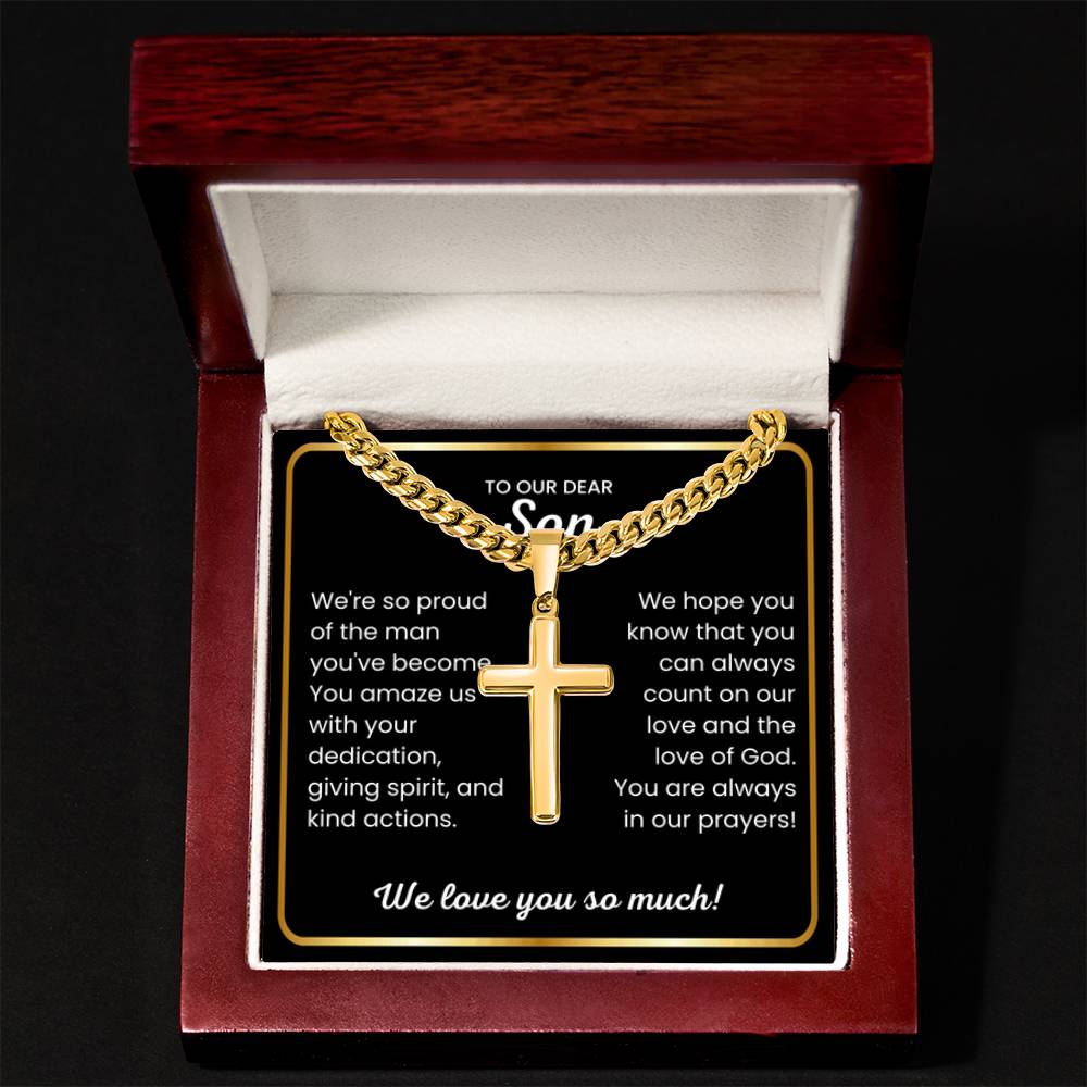 To Our Dear Son - We love you so much - Gift for Son from Mom and Dad - Artisan Cross with Cuban Link Chain - Personalize Memories