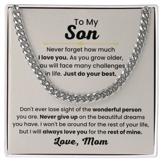 Son Necklace Gift from Mom, Birthday, Graduation & Christmas Jewelry - Cuban Link Chain - Personalize Memories