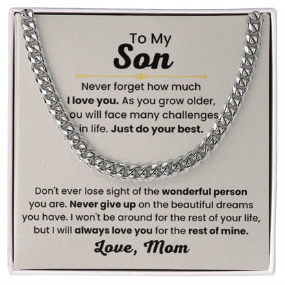 Son Necklace Gift from Mom, Birthday, Graduation & Christmas Jewelry - Cuban Link Chain - Personalize Memories
