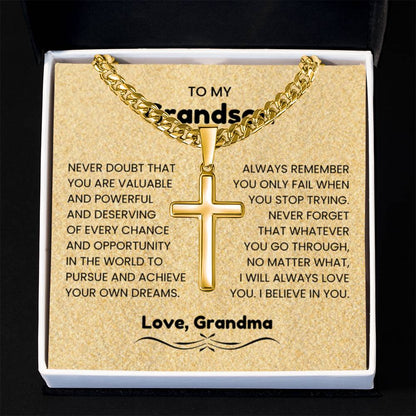 To My Grandson - Gift for Grandson from Grandpa - I will always love you - Artisan Cross with Cuban Link Chain - Personalize Memories
