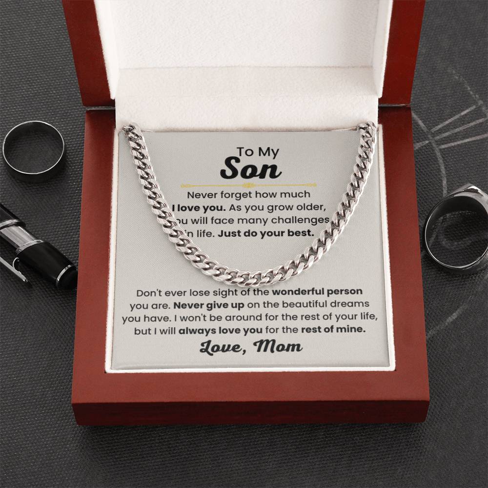 Son Necklace Gift from Mom, Birthday, Graduation & Christmas Jewelry - Cuban Link Chain - Personalize Memories
