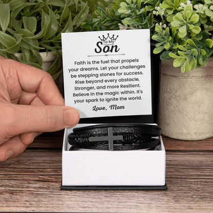To My Son – Christmas, Birthday Gift from Mom – Men’s Cross Bracelet - Personalize Memories