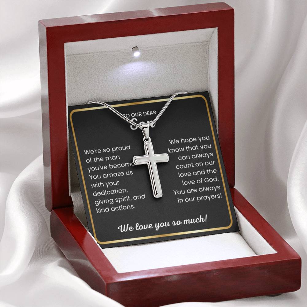 To Our Dear Son - We love you so much - Gift for Son from Mom and Dad - Artisan Cross Necklace - Personalize Memories