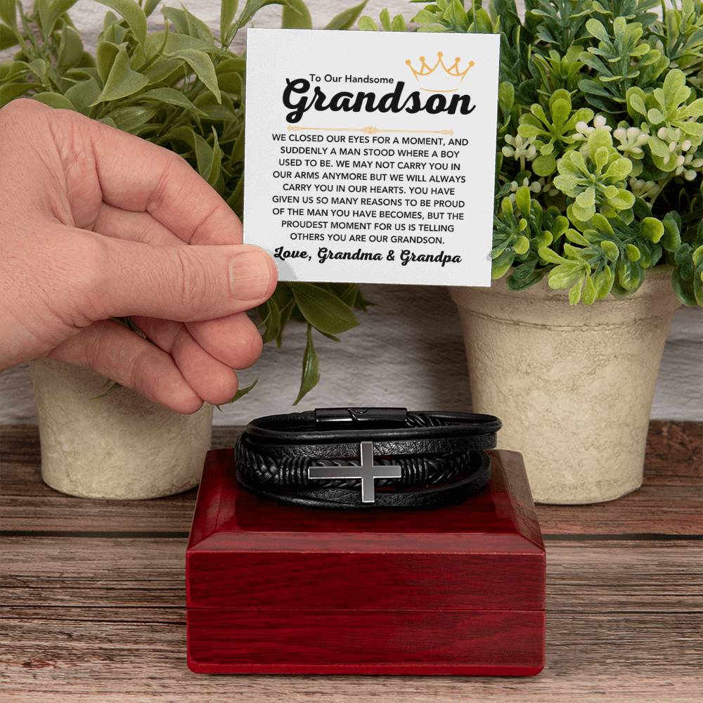 To Our Grandson – Holiday, Birthday, Graduation Gift from Grandma and Grandpa – Men's Cross Bracelet - Personalize Memories