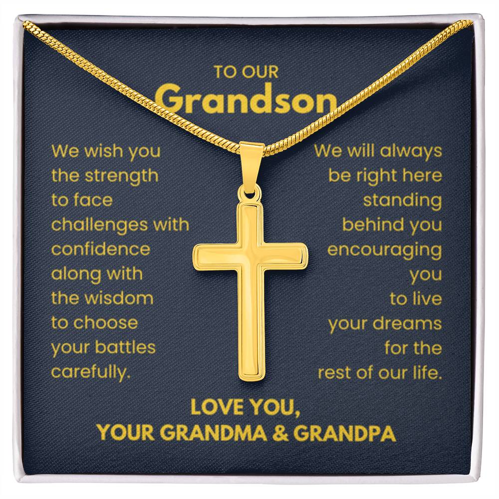 To Our Grandson - Grandson Gift from Grandma and Grandpa - Artisan Cross Necklace - Personalize Memories