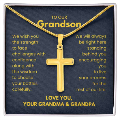 To Our Grandson - Grandson Gift from Grandma and Grandpa - Artisan Cross Necklace - Personalize Memories