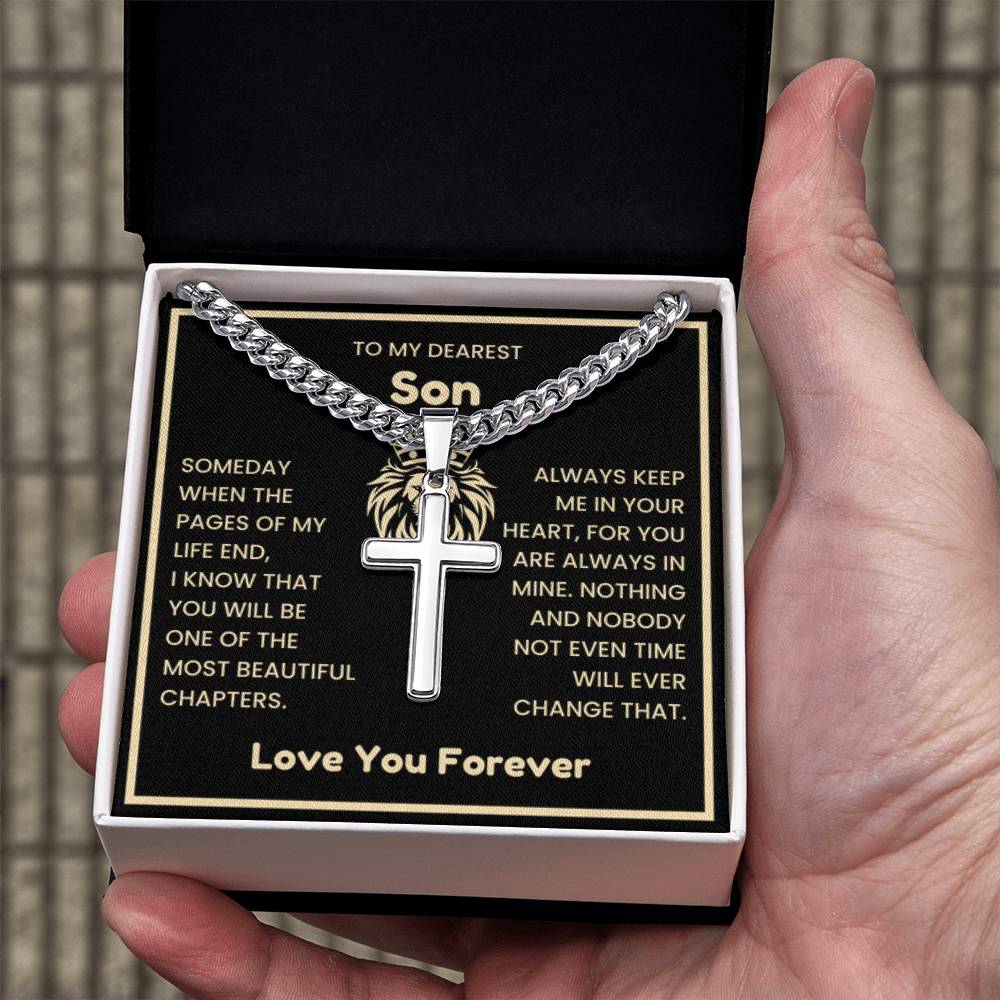 To My Dearest Son Necklace - Gift for Son - Always keep me in your heart - Artisan Cross with Cuban Link Chain - Personalize Memories
