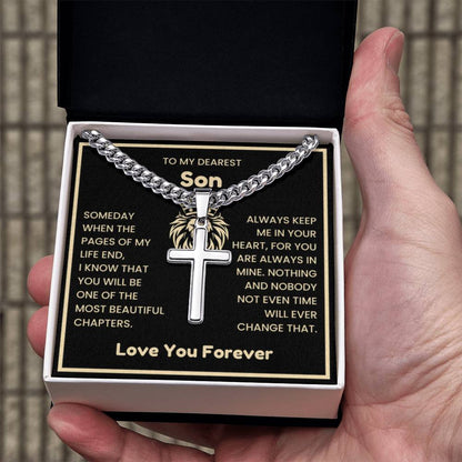To My Dearest Son Necklace - Gift for Son - Always keep me in your heart - Artisan Cross with Cuban Link Chain - Personalize Memories